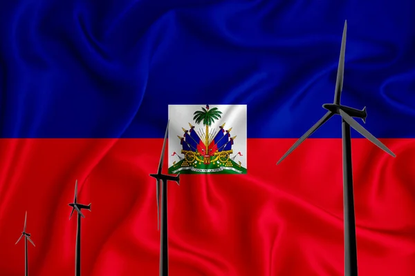 旗を背景にハイチ旗代替エネルギー風イラストシルエット風力発電機 再生可能エネルギーの概念 風力発電機 3Dレンダリング — ストック写真