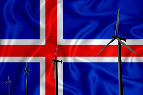 アイスランドは旗の背景に代替エネルギー風イラストシルエット風力発電機をフラグします 再生可能エネルギーの概念 風力発電機 3Dレンダリング — ストック写真