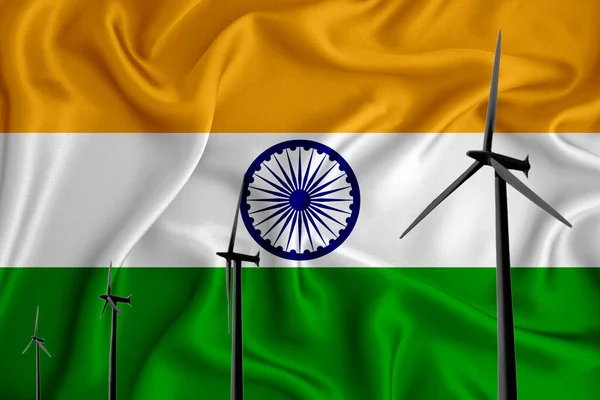 India flag alternative energy wind illustration silhouette wind generator on the background of the flag. Renewable energy concept, wind generators. 3d rendering