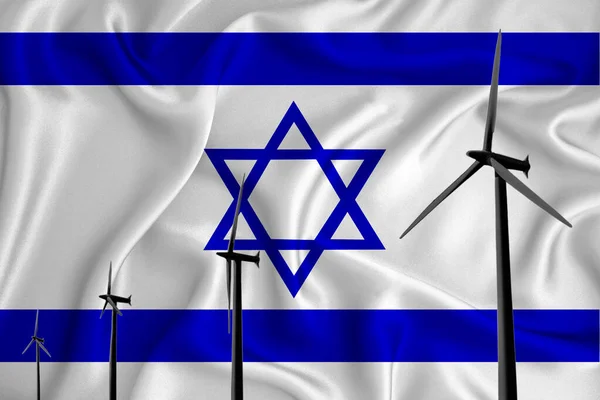 以色列国旗的替代能源风力演示轮廓风力发电机组的背景旗 可再生能源概念 风力发电机 3D渲染 — 图库照片