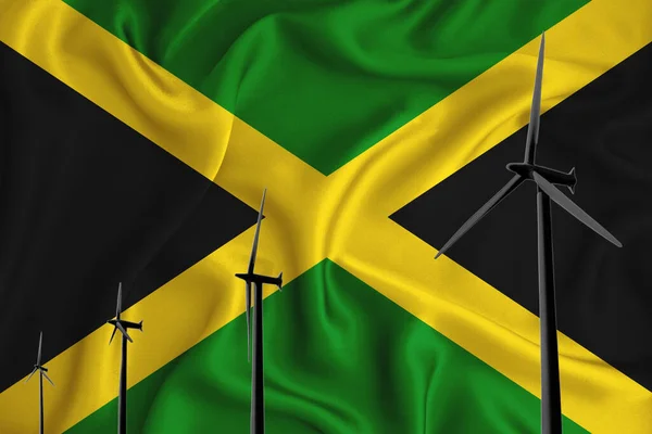 牙买加国旗替代能源风力演示轮廓风力发电机组在国旗的背景 可再生能源概念 风力发电机 3D渲染 — 图库照片
