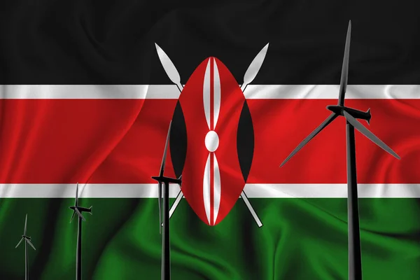 Bayrağın Arka Planında Kenya Bayrağı Alternatif Enerji Rüzgar Çizimi Silueti — Stok fotoğraf