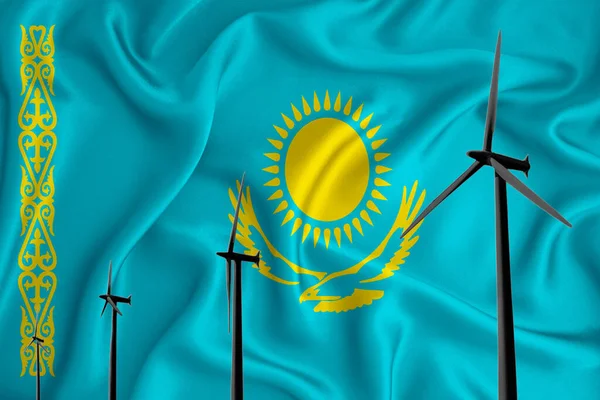 Kazakhstan Flag Alternative Energy Wind Illustration Silhouette Wind Generator Background — Stock Photo, Image