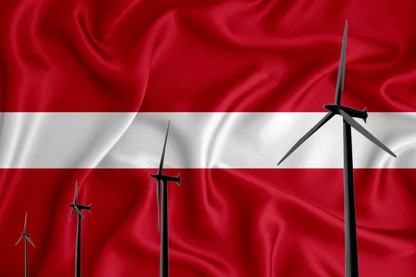 拉脱维亚国旗的替代能源风力演示轮廓风力发电机组的背景旗 可再生能源概念 风力发电机 3D渲染 — 图库照片
