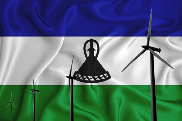 Lesotho Bandeira Energia Alternativa Vento Ilustração Silhueta Gerador Vento Fundo — Fotografia de Stock