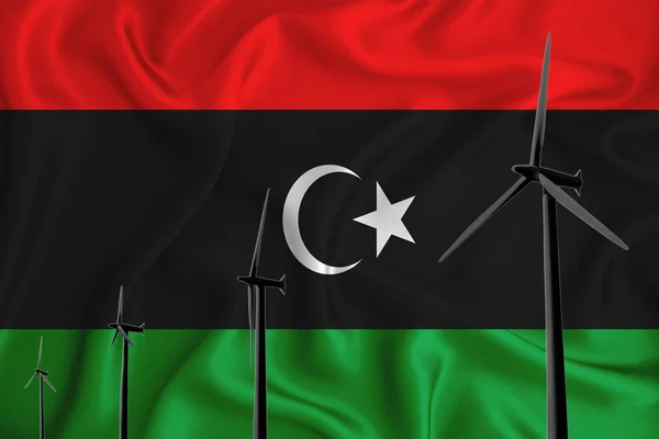 利比亚国旗替代能源风力演示轮廓风力发电机组的背景旗 可再生能源概念 风力发电机 3D渲染 — 图库照片