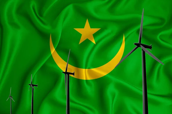 Mauritania Bayrağı Bayrağın Arka Planında Alternatif Enerji Rüzgar Çizimi Silüeti — Stok fotoğraf
