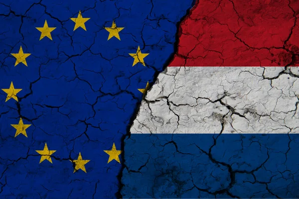 Europeiska Unionens Och Nederländernas Flagga Strukturerad Sprucken Mark Begreppet Samarbete — Stockfoto