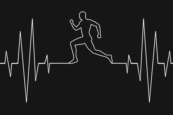 黒の背景に心臓のモニターで心臓の上を走る人のイラスト スポーツライフスタイルコンセプト — ストック写真
