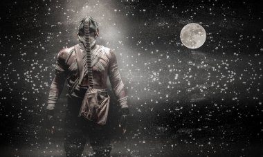 hayatta kalma asker kıyamet sonra yıldız tarafından çevrili kozmik arka plan üzerinde gaz maskesi bandajlı erkeklerde. Karışık teknik