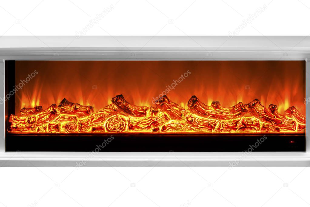 electric fire close up, isolated on white background color image, horizontal photo