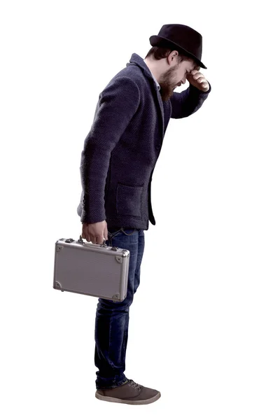 Homem Barbudo Uma Jaqueta Com Chapéu Com Uma Caixa Mão — Fotografia de Stock