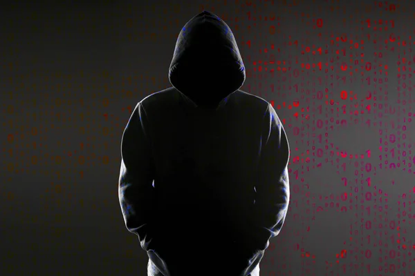 Silhouette Hacker Anonyme Dans Capot Sur Fond Code Binaire — Photo