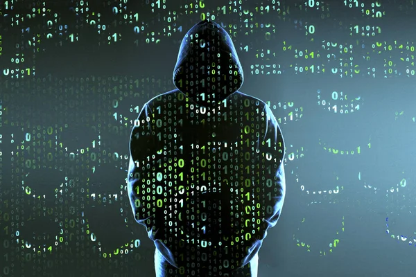 Código Binário Fundo Silhueta Hacker Capô Conceito Ataque Cibernético — Fotografia de Stock