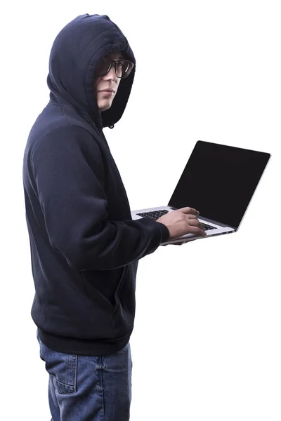 Man Programmer Glasses Hood Laptop Isolated White Background — Stock Photo, Image
