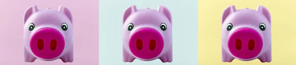 Banco Piggy Rosa Diferentes Fundos Coloridos Imagem Panorâmica — Fotografia de Stock
