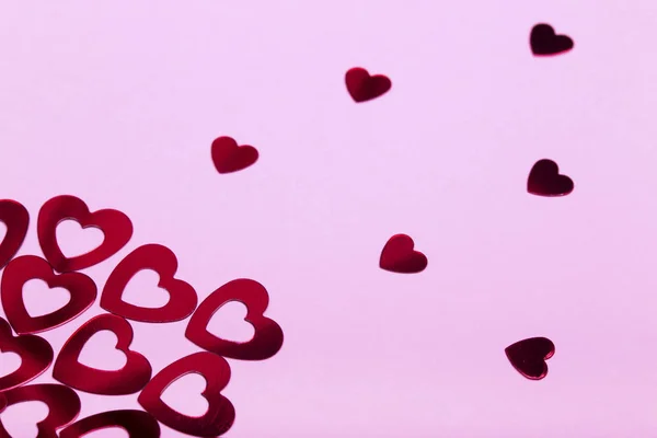 Dekorative Rote Herzen Auf Rosa Hintergrund Grußkartenkonzept — Stockfoto