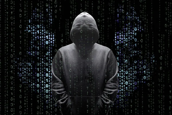 Code Binaire Sur Fond Silhouette Pirate Dans Capot Concept Cyberattaque — Photo