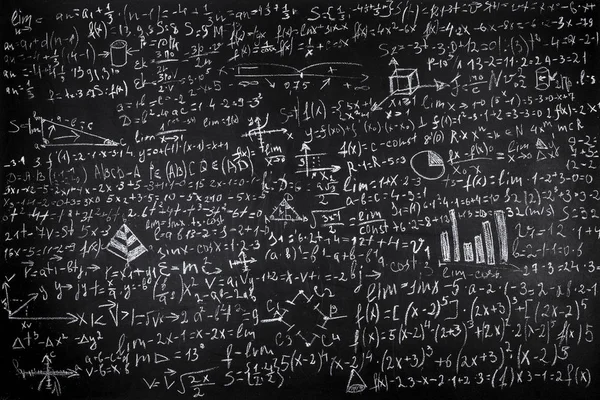 Fizik ve matematikte bilimsel formüller ve hesaplamalarla işlenmiş karatahta, arkaplan resmi