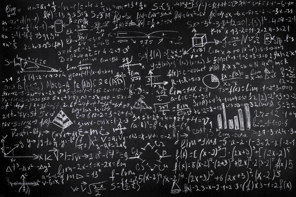 Blackboard inscribed with scientific formulas and calculations in physics and mathematics, background image