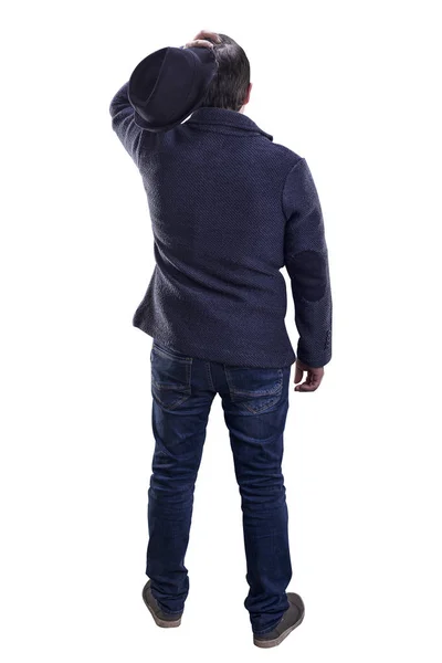 Pria Berpikir Dengan Topi Tangan Dan Jaket Berdiri Dengan Punggung — Stok Foto