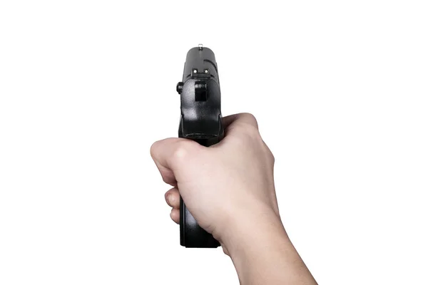 Pistola Mano Femminile Mirante Punto Vista Soggettivo Pov Isolato Sfondo — Foto Stock