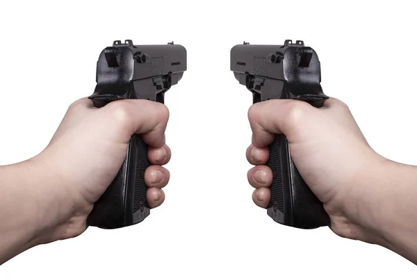 Δύο Πυροβόλα Όπλα Γυναικείο Χέρι Από Ευρεία Γωνία Προβολής Πρώτου — Φωτογραφία Αρχείου