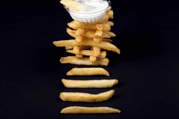 French Fries Sauce Black Background — Stock Photo, Image