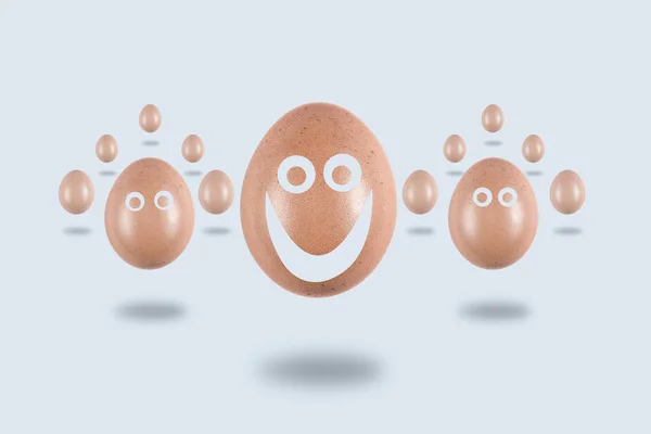 Zwevende Eieren Met Grappig Beschilderde Gezichten Een Lichte Achtergrond Conceptuele — Stockfoto