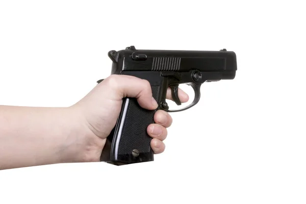 Female Hand Holding Gun Isolated White Background Fire Weapon Use — Stock Photo, Image