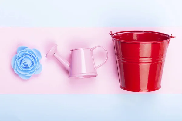 Blue decorative rose near to a red bucket and a pink watering can, picture on a colorful pastel background, concept gardening items