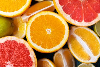 Citrus meyve koleksiyonu, yemek arkaplanı portakallar, limon, limon ve greyfurt taze meyve arka planı