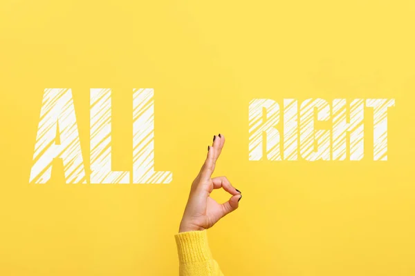 Hand Sign All Right Inscription Trendy Yellow Background — Stock Photo, Image