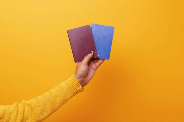 Mão Segurando Dois Passaportes Sobre Fundo Amarelo — Fotografia de Stock