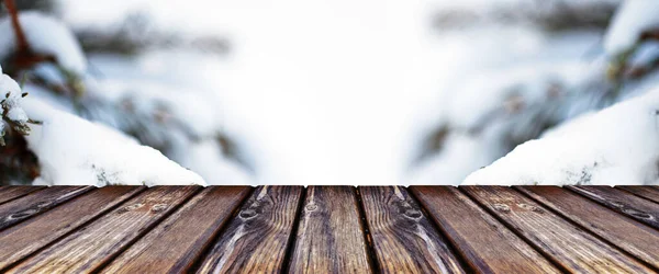 Empty Wooden Table Background Winter Forest Panoramic Image — Stock Photo, Image