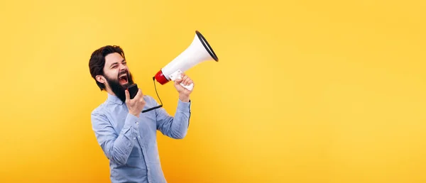 Bearded Man Megaphone Yellow Background Success Concept Panoramic Mock — Stock Photo, Image