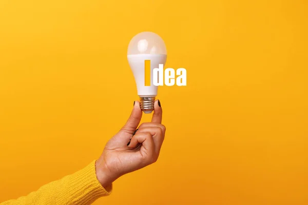 light bulb in hand with inscription idea over yellow background