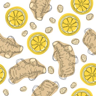 Zencefil limon ile kökleri. Ele çay ısınma için madde çekin. Bütün ve dilimlenmiş zencefil kökleri limonlu. Vektör seamless modeli