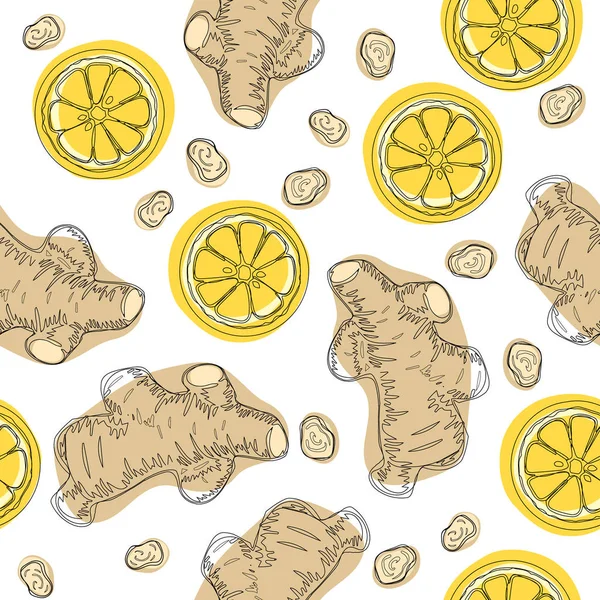 Ingwerwurzeln Mit Zitrone Handzeichnen Zutat Für Wärmenden Tee Ganze Und — Stockvektor