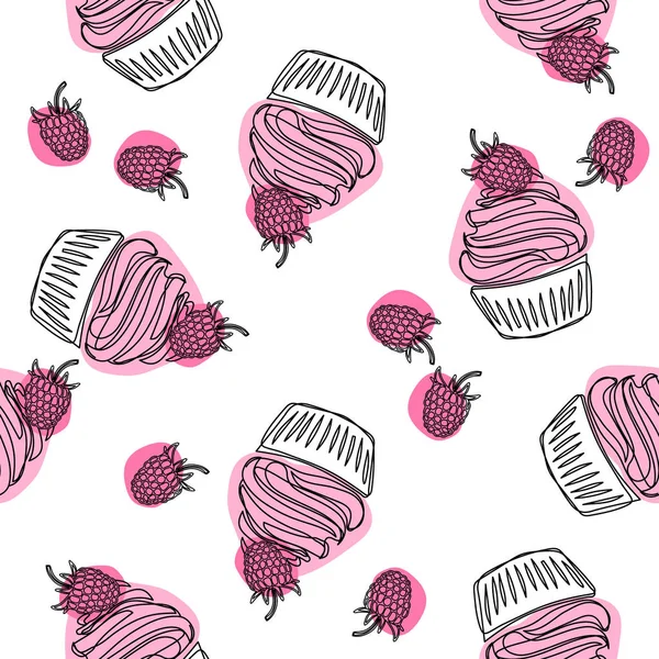 Cupcake Ręcznie Rysowane Jednolity Wzór Doodle Buttercream Ciastko Malin Jedzenie — Zdjęcie stockowe