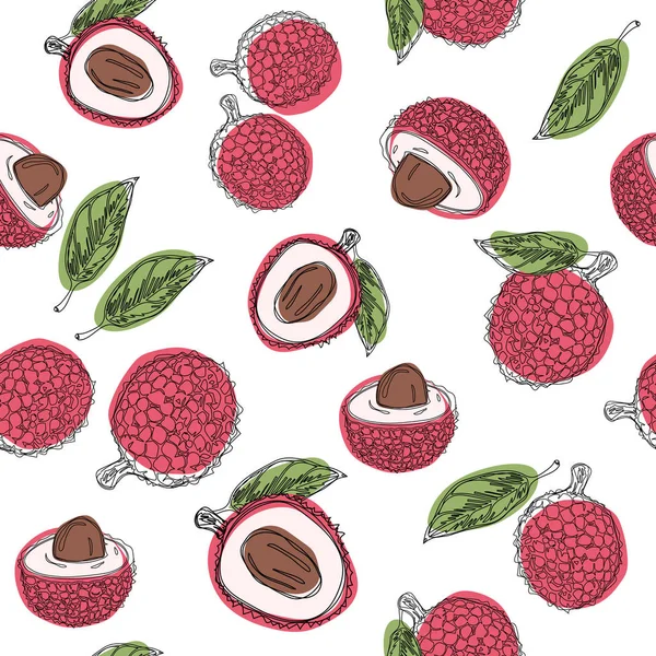 Lychee fruit hand draw graphic color seamless pattern. Continuous line hand drawn illustration.