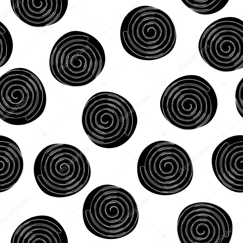 Licorice wheels candies seamless pattern. Candy flavored licorice. Hand draw illustration.