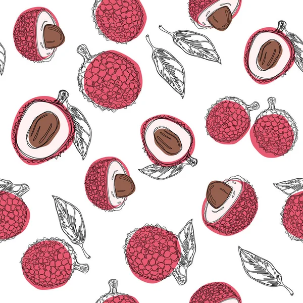 Lychee Fruit Hand Draw Graphic Color Seamless Pattern Continuous Line — Stock Vector