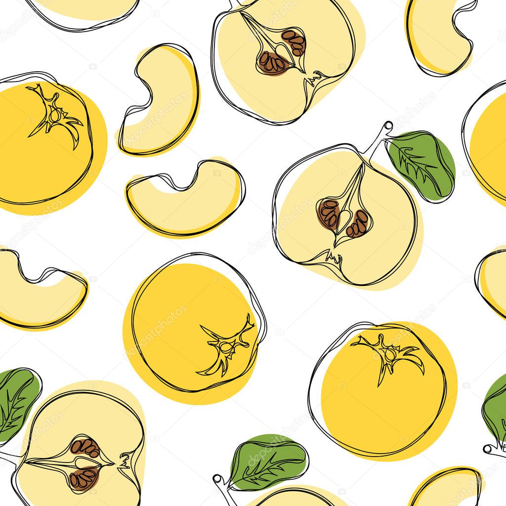 Yellow quince hand draw seamless pattern on isolated white background. Vector illustration