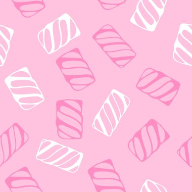 El kroki marshmallow ile seamless modeli çizin. Tatlı desen tasarım giyim için. Arka plan ile tatlılar. Tatlı ambalaj şekerci, Aferin