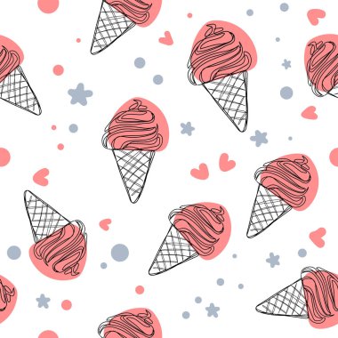 Vektör seamless modeli pembe dondurma ile. Elle çizilmiş dondurma seamless modeli.