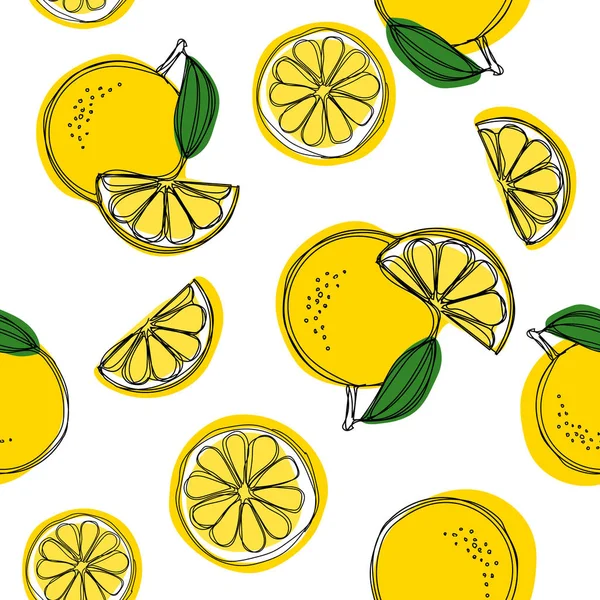 黄色いレモンとシームレスな装飾的な背景 レモン手描画パターン ベクトル図 — ストックベクタ