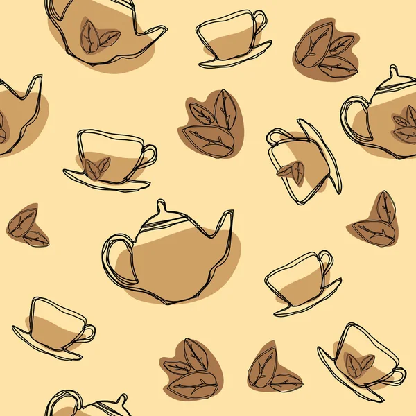 红茶叶 茶壶和杯子的矢量无缝图案 手绘复古纹理 — 图库矢量图片