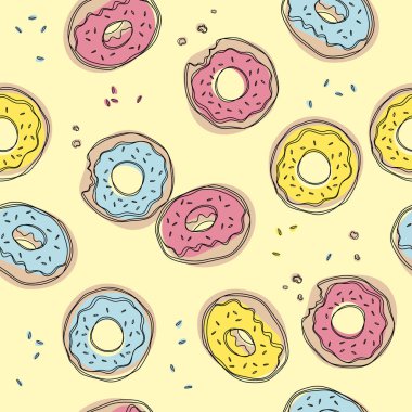 Çörek vektör seamless modeli. Sevimli tatlı gıda bebek arka plan. Tekstil, duvar kağıdı, kumaş, dekor için renkli tasarım.