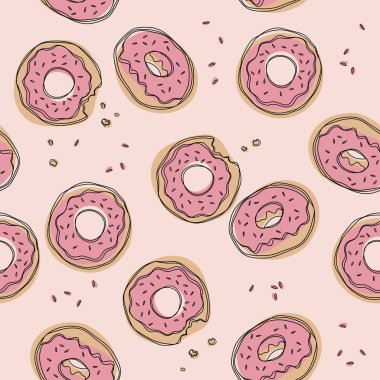 Çörek vektör seamless modeli. Sevimli tatlı gıda bebek arka plan. Tekstil, duvar kağıdı, kumaş, dekor için renkli tasarım.